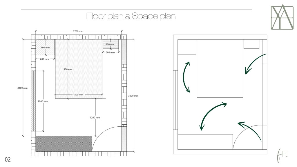 Bed and nightstand room layout spatial plan - Fay Furnishings